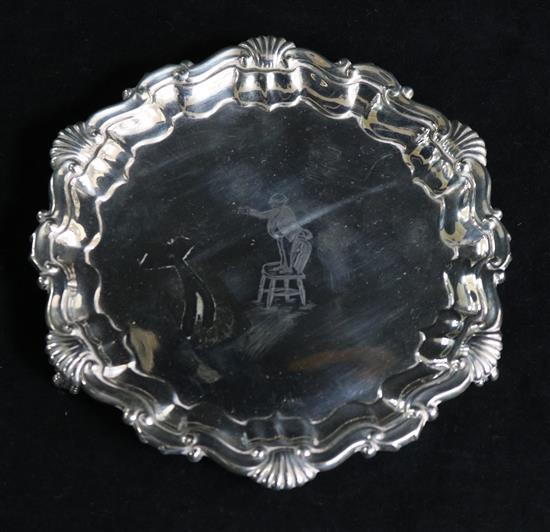 A George V silver waiter, engraved with Mr Pickwick, by Martin, Hall & Co, Sheffield, 1921, 6oz.